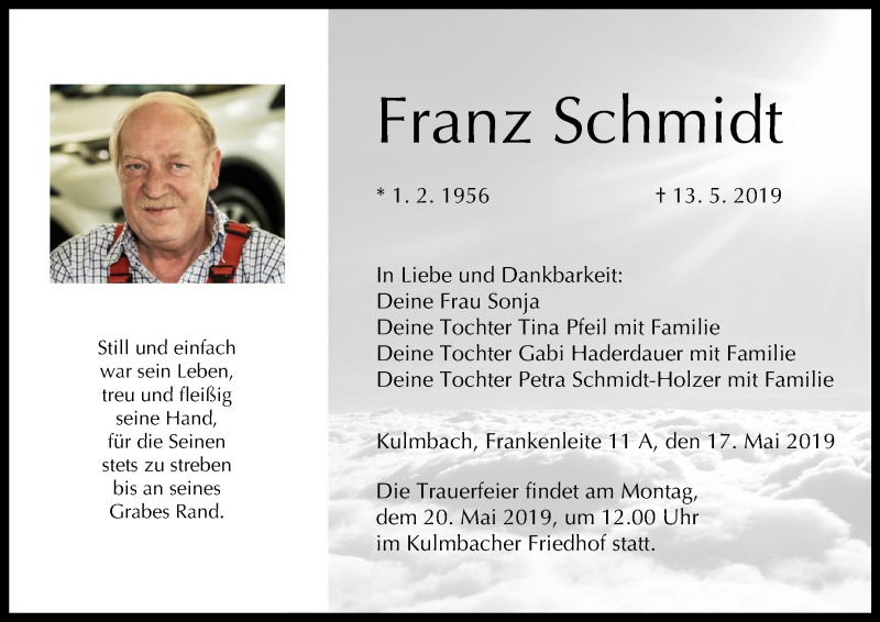  Traueranzeige für Franz Schmidt vom 17.05.2019 aus MGO