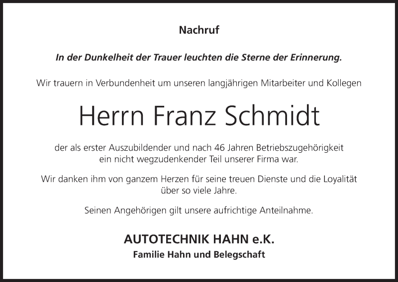  Traueranzeige für Franz Schmidt vom 17.05.2019 aus MGO