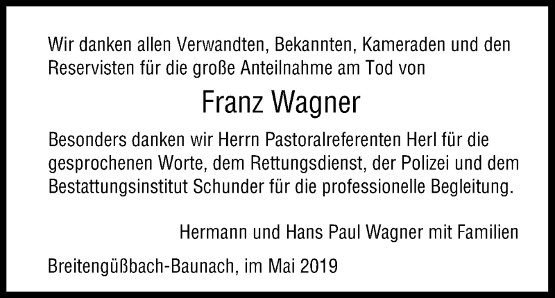  Traueranzeige für Franz Wagner vom 18.05.2019 aus MGO