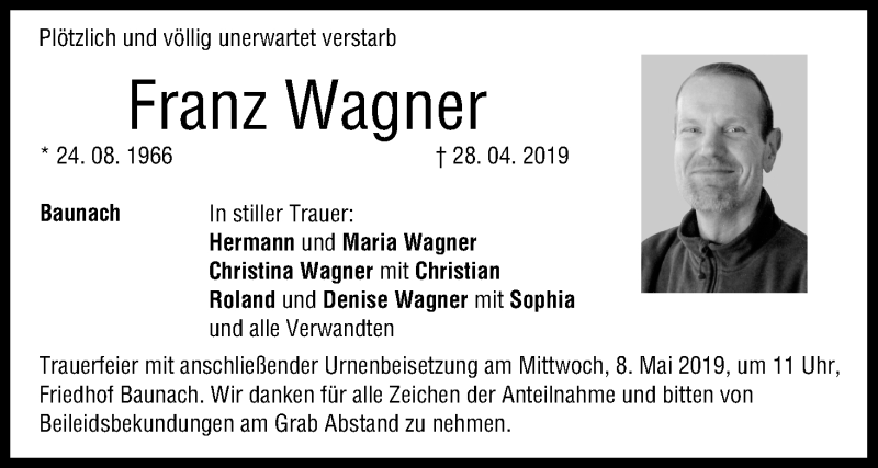  Traueranzeige für Franz Wagner vom 04.05.2019 aus MGO