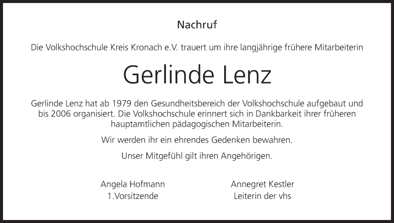  Traueranzeige für Gerlinde Lenz vom 24.05.2019 aus MGO