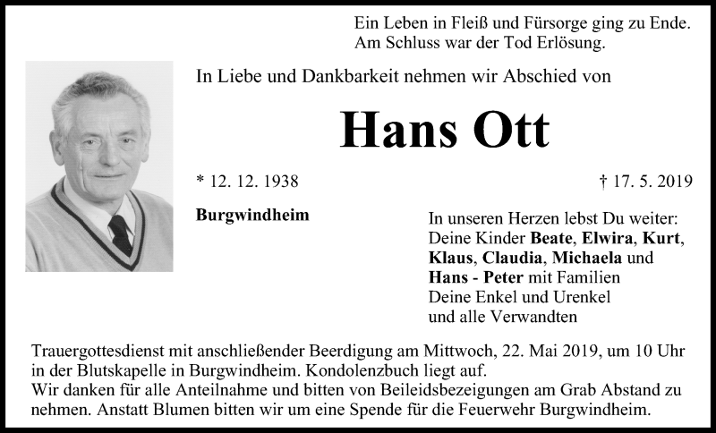  Traueranzeige für Hans Ott vom 20.05.2019 aus MGO