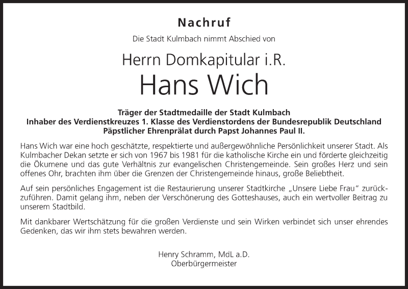  Traueranzeige für Hans Wich vom 11.05.2019 aus MGO