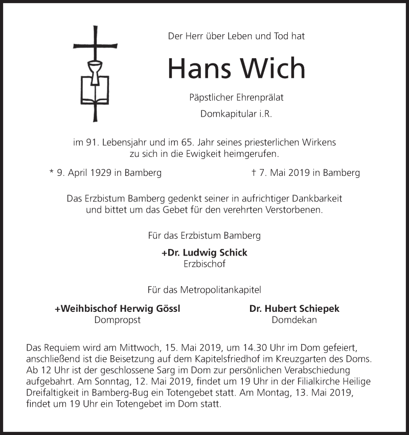  Traueranzeige für Hans Wich vom 09.05.2019 aus MGO
