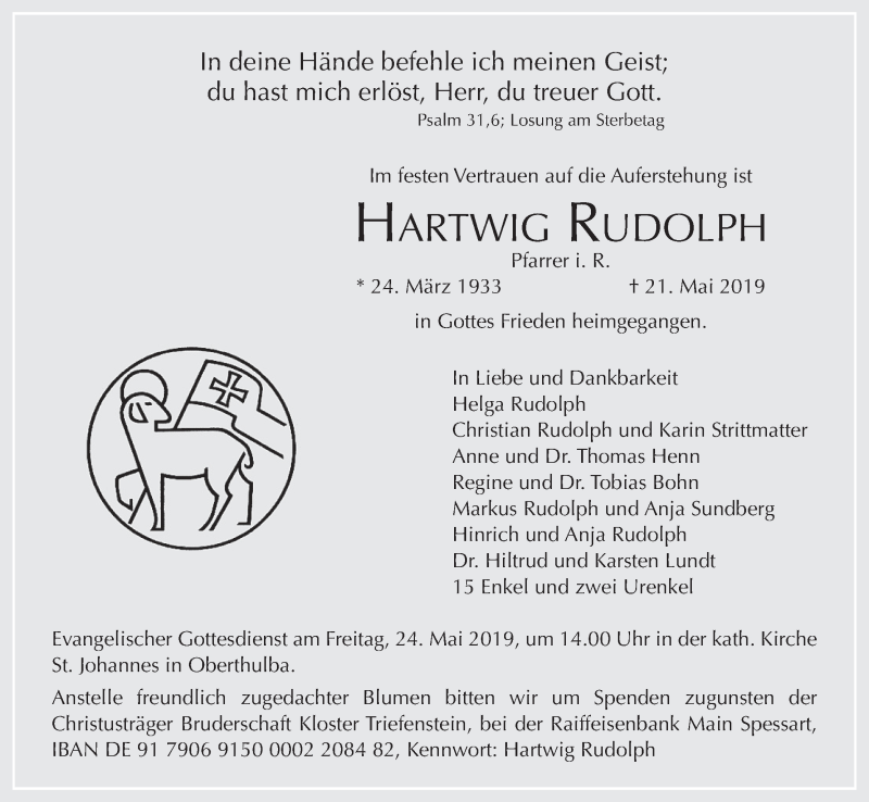  Traueranzeige für Hartwig Rudolph vom 23.05.2019 aus MGO
