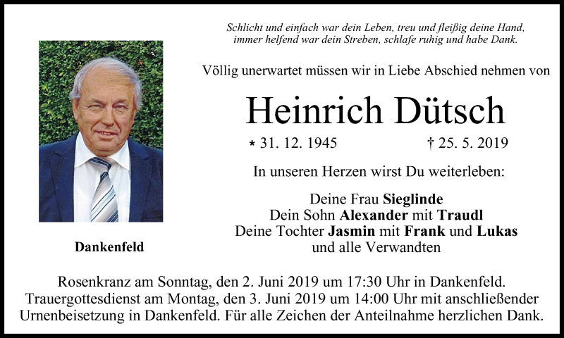  Traueranzeige für Heinrich Dütsch vom 30.05.2019 aus MGO