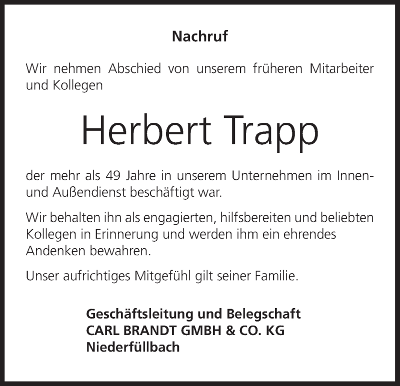  Traueranzeige für Herbert Trapp vom 08.05.2019 aus MGO