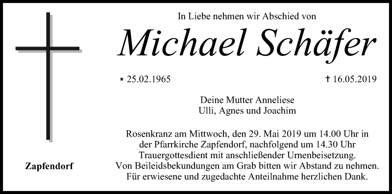  Traueranzeige für Michael Schäfer vom 25.05.2019 aus MGO