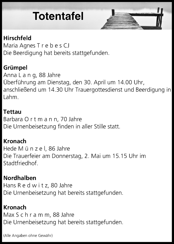  Traueranzeige für Totentafel vom 30.04.2019 vom 30.04.2019 aus MGO