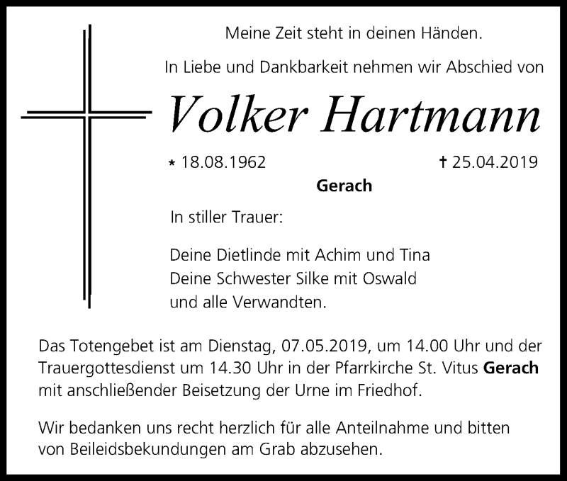  Traueranzeige für Volker Hartmann vom 04.05.2019 aus MGO