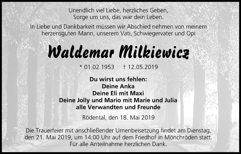  Traueranzeige für Waldemar Milkiewicz vom 18.05.2019 aus MGO