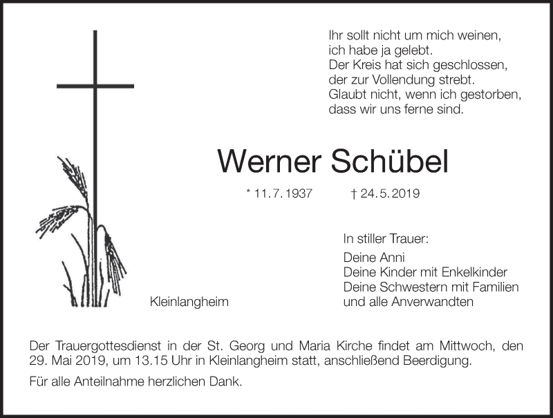  Traueranzeige für Werner Schübel vom 28.05.2019 aus MGO