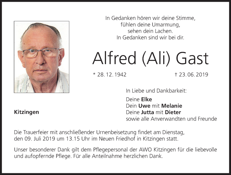  Traueranzeige für Alfred Gast vom 28.06.2019 aus MGO