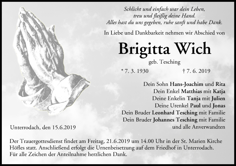  Traueranzeige für Brigitta Wich vom 15.06.2019 aus MGO
