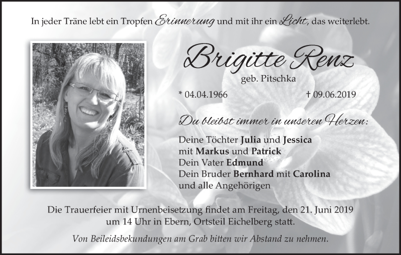  Traueranzeige für Brigitte Renz vom 15.06.2019 aus MGO