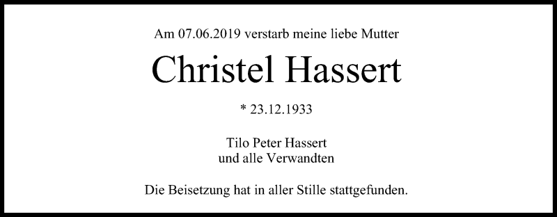  Traueranzeige für Christel Hassert vom 15.06.2019 aus MGO
