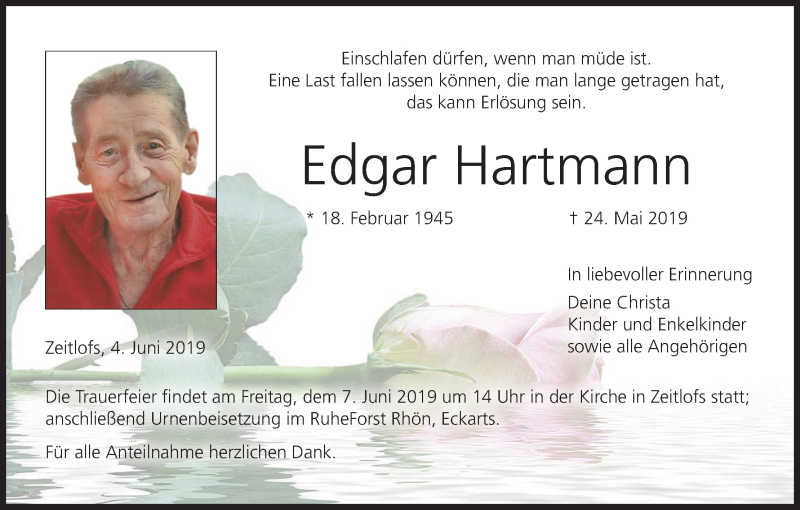  Traueranzeige für Edgar Hartmann vom 04.06.2019 aus MGO
