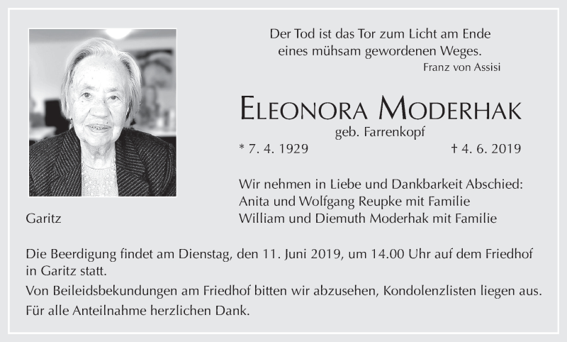  Traueranzeige für Eleonora Moderhak vom 08.06.2019 aus MGO