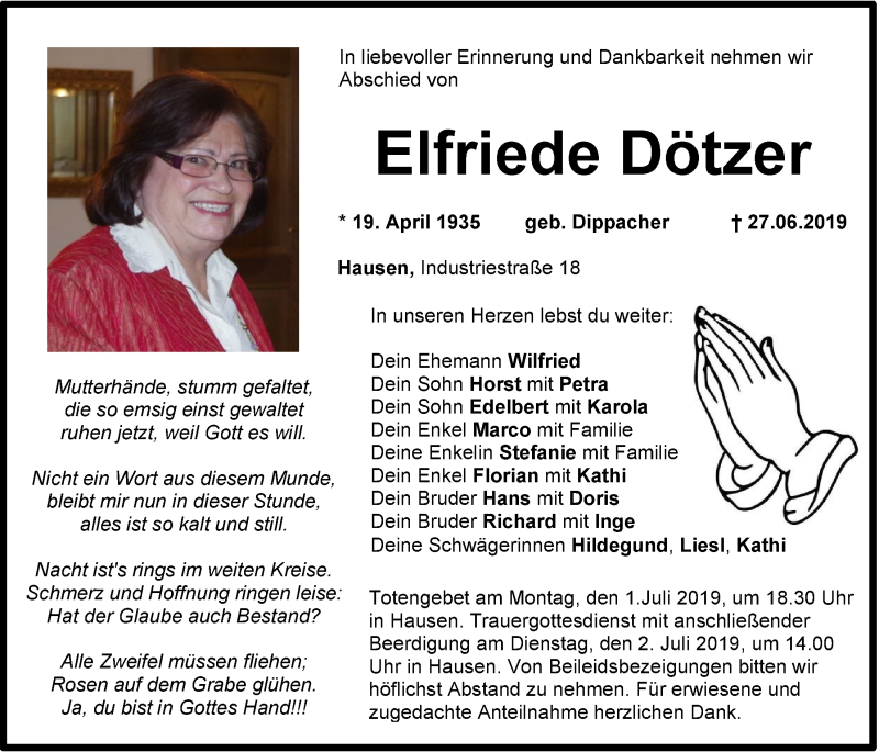  Traueranzeige für Elfriede Dötzer vom 29.06.2019 aus MGO