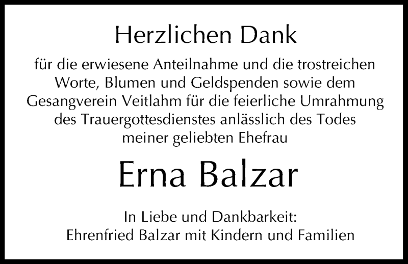  Traueranzeige für Erna Balzar vom 15.06.2019 aus MGO