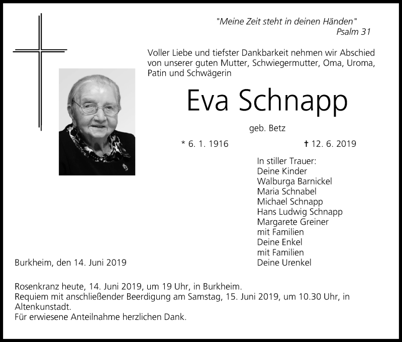  Traueranzeige für Eva Schnapp vom 14.06.2019 aus MGO