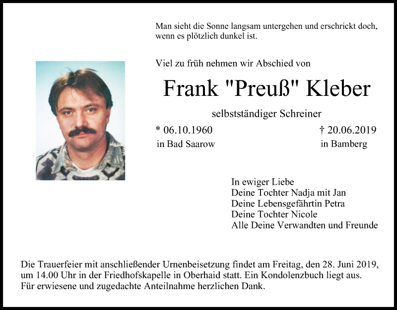  Traueranzeige für Frank Kleber vom 26.06.2019 aus MGO