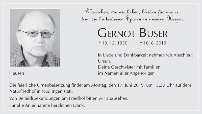  Traueranzeige für Gernot Buser vom 13.06.2019 aus MGO