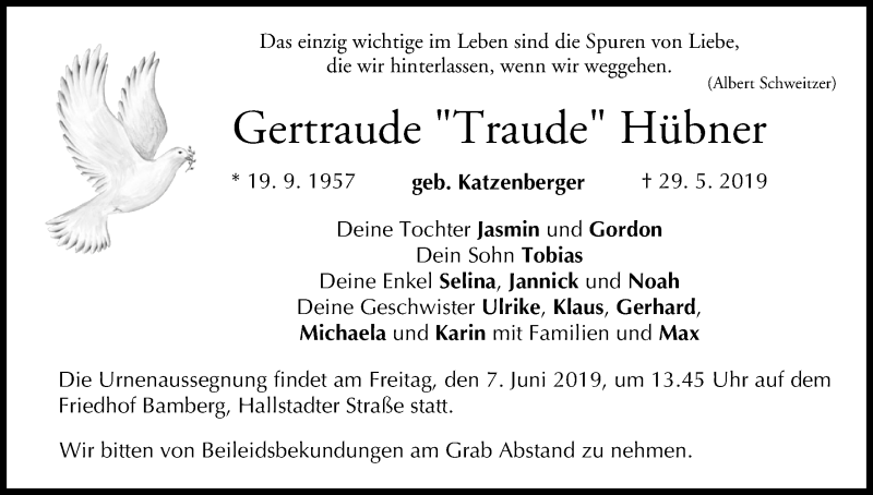  Traueranzeige für Gertraude Hübner vom 05.06.2019 aus MGO