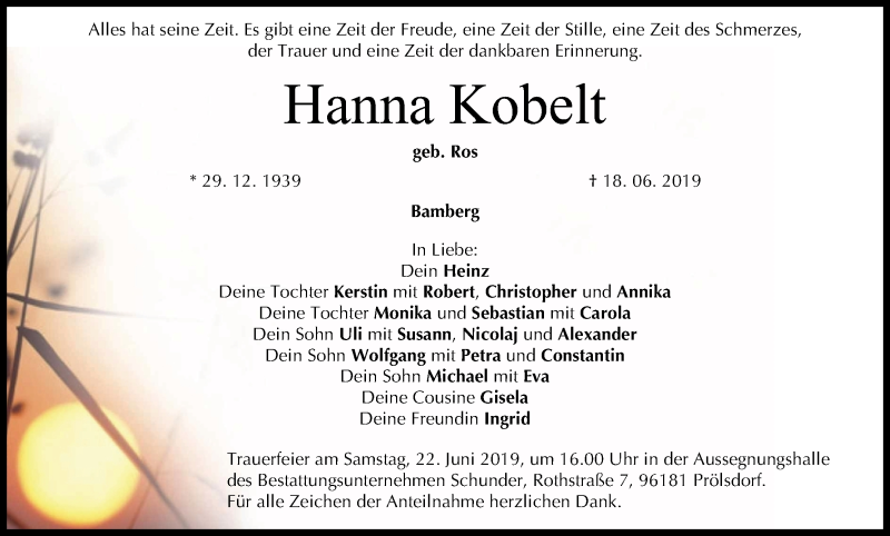  Traueranzeige für Hanna Kobelt vom 20.06.2019 aus MGO