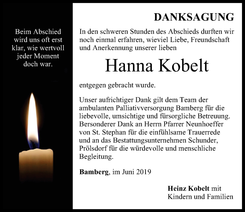  Traueranzeige für Hanna Kobelt vom 29.06.2019 aus MGO
