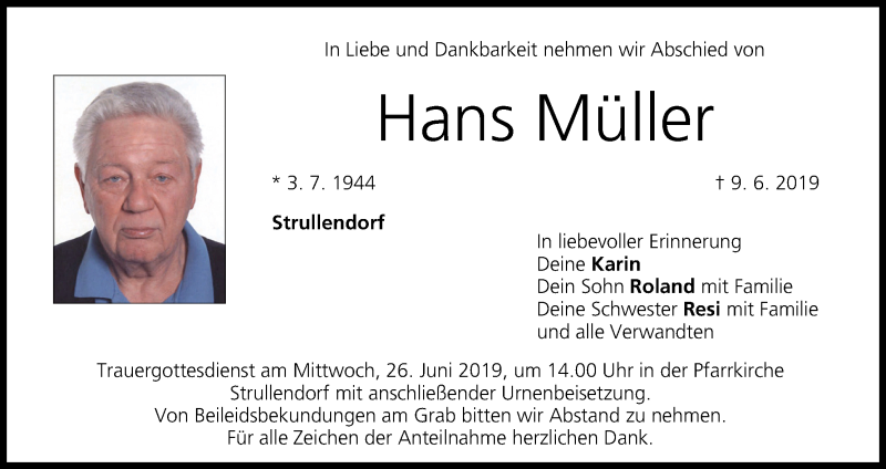  Traueranzeige für Hans Müller vom 22.06.2019 aus MGO