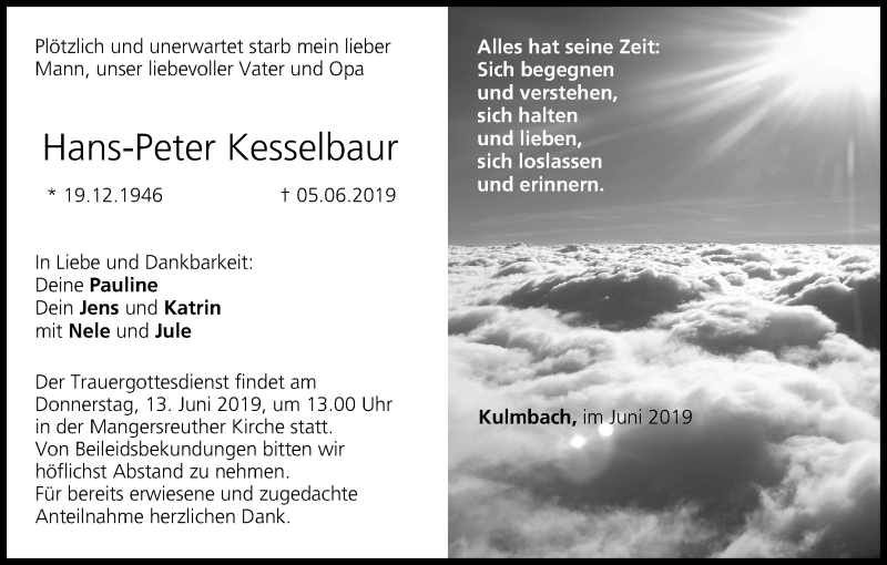 Traueranzeige für Hans-Peter Kesselbaur vom 12.06.2019 aus MGO