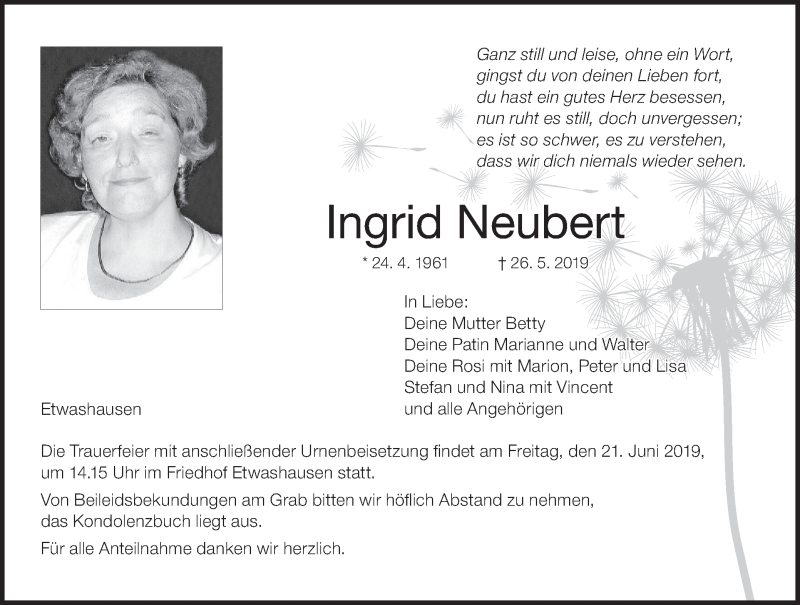  Traueranzeige für Ingrid Neubert vom 15.06.2019 aus MGO