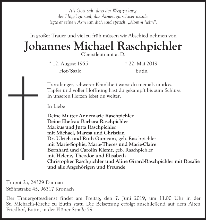  Traueranzeige für Johannes Michael Raschpichler vom 01.06.2019 aus MGO