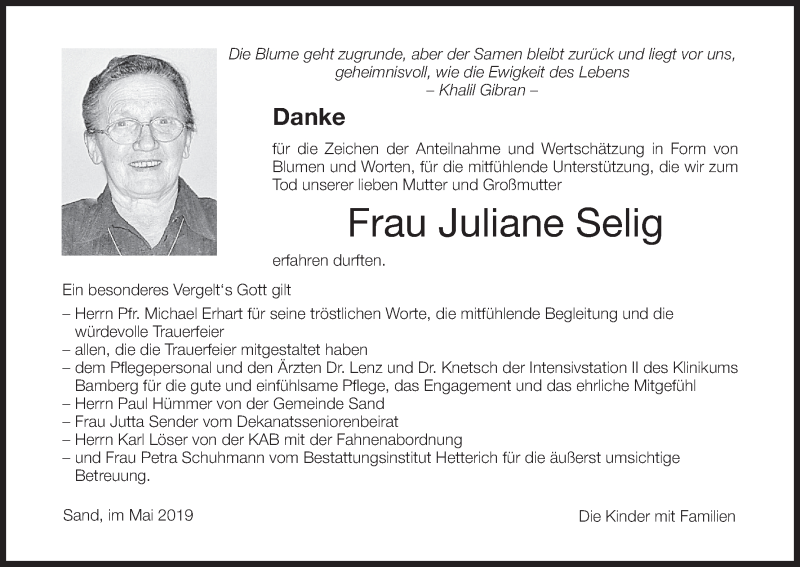  Traueranzeige für Juliane Selig vom 08.06.2019 aus MGO