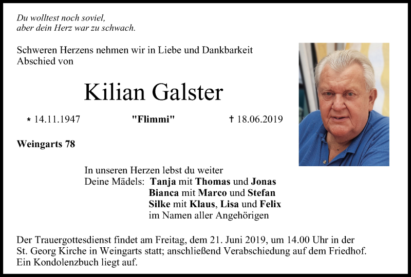  Traueranzeige für Kilian Galster vom 20.06.2019 aus MGO