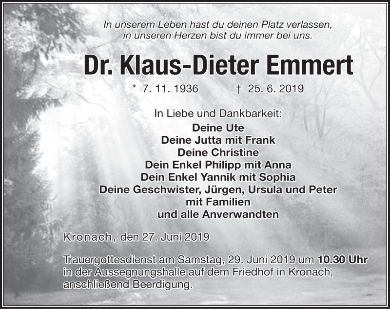  Traueranzeige für Klaus-Dieter Emmert vom 27.06.2019 aus MGO