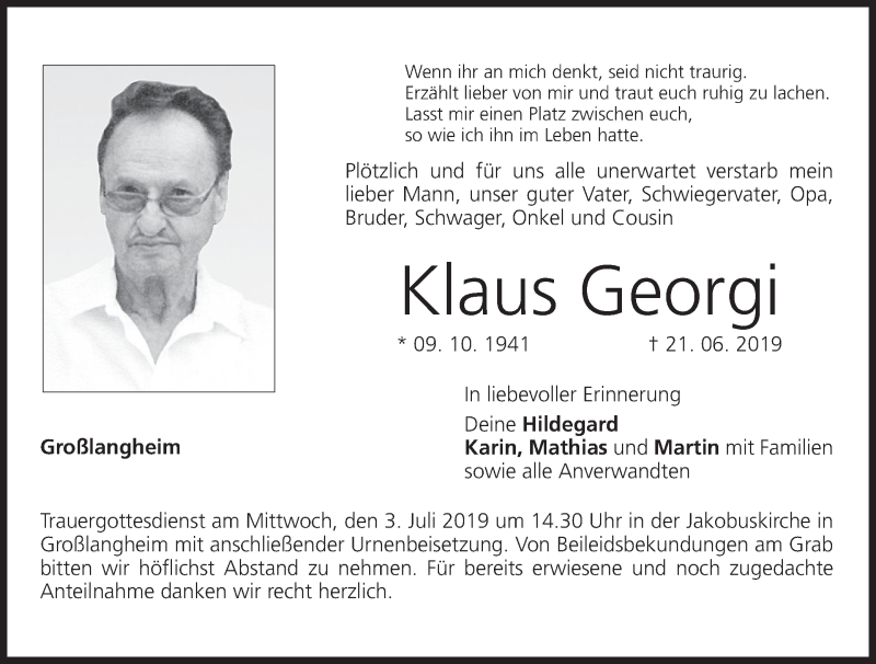  Traueranzeige für Klaus Georgi vom 29.06.2019 aus MGO