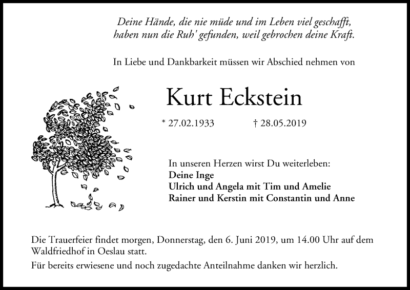  Traueranzeige für Kurt Eckstein vom 05.06.2019 aus MGO