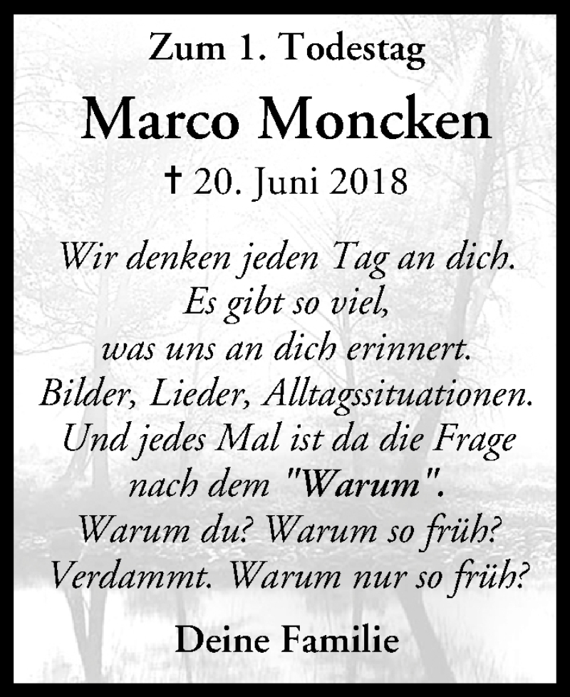  Traueranzeige für Marco Moncken vom 20.06.2019 aus MGO