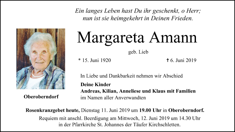  Traueranzeige für Margareta Amann vom 11.06.2019 aus MGO