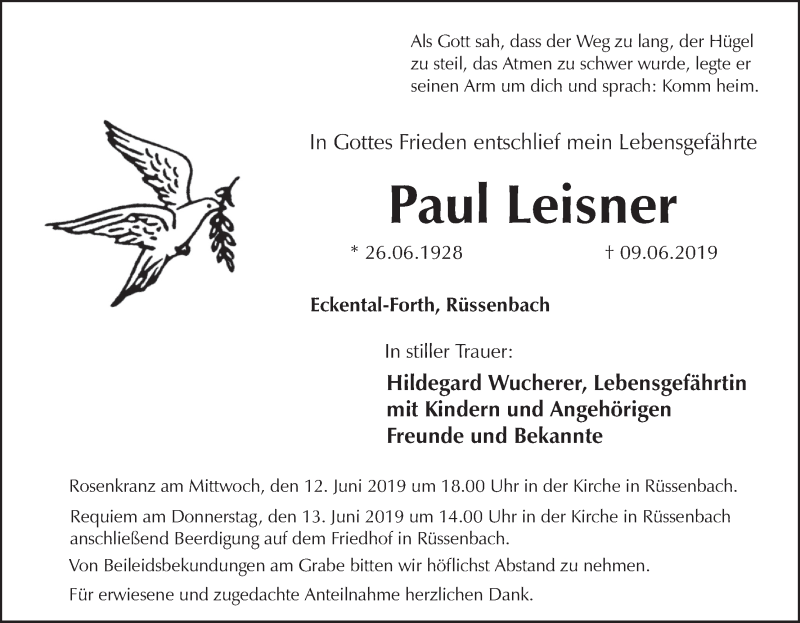  Traueranzeige für Paul Leisner vom 12.06.2019 aus MGO