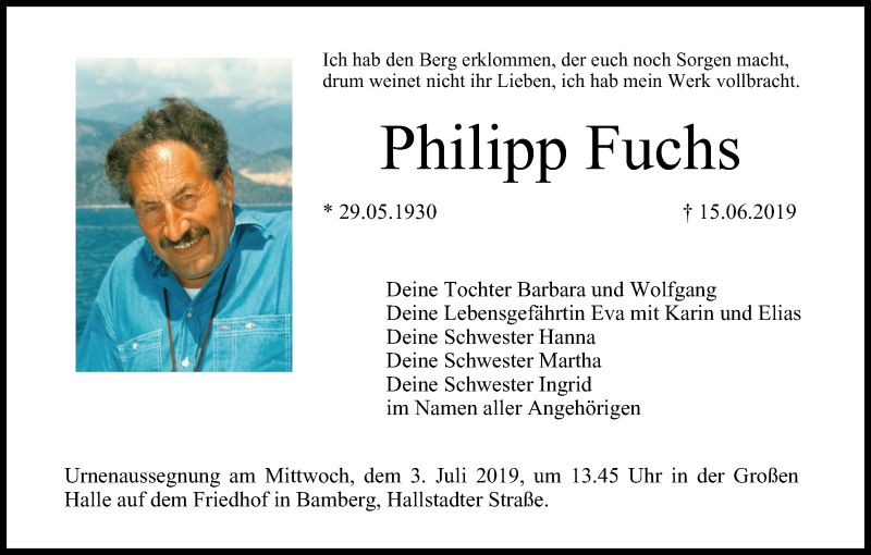  Traueranzeige für Philipp Fuchs vom 29.06.2019 aus MGO