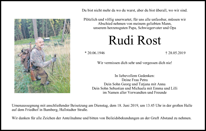  Traueranzeige für Rudi Rost vom 15.06.2019 aus MGO