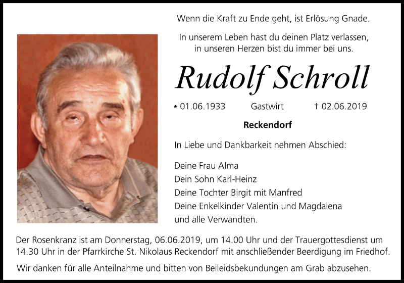  Traueranzeige für Rudolf Schroll vom 04.06.2019 aus MGO