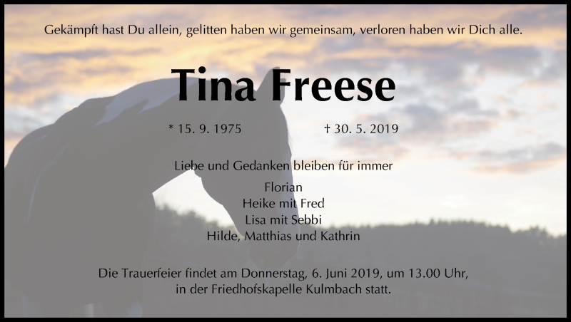  Traueranzeige für Tina Freese vom 04.06.2019 aus MGO