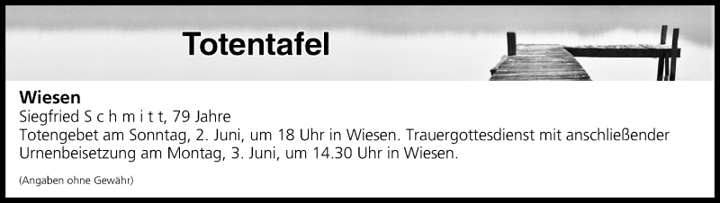  Traueranzeige für Totentafel vom 01.06.2019 vom 01.06.2019 aus MGO