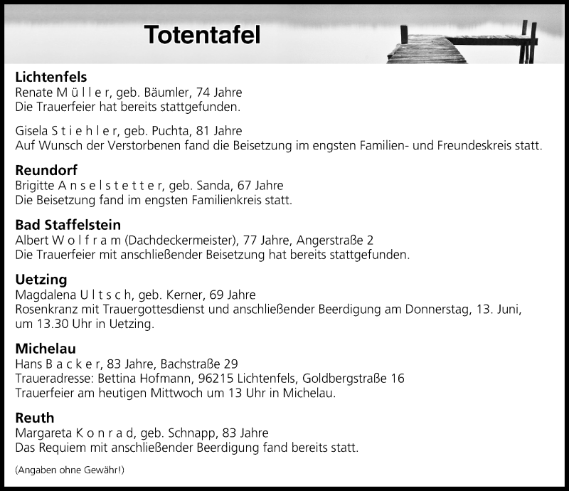  Traueranzeige für Totentafel vom 12.06.2019 vom 12.06.2019 aus MGO