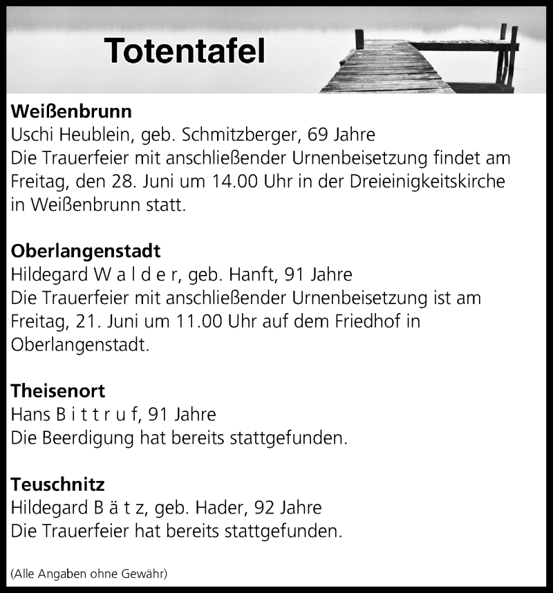  Traueranzeige für Totentafel vom 19.06.2019 vom 19.06.2019 aus MGO