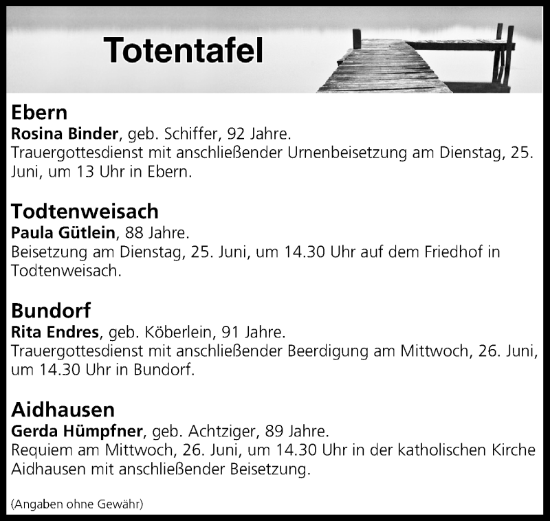  Traueranzeige für Totentafel vom 25.06.2019 vom 25.06.2019 aus MGO